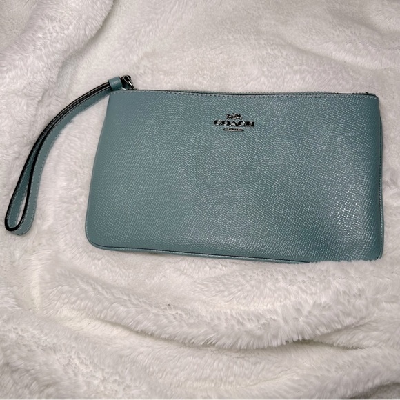Coach Handbags - COACH Light Blue Leather Polished Pebble Logo Wristlet EUC Turquoise Aqua Zip Up